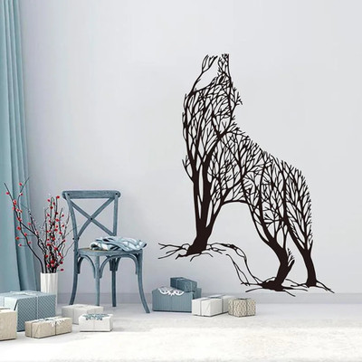 SnappyVinyl 56 cm Mysterious aggressive Wolf howl Tree Self Adhesive Sticker(Pack of 1)