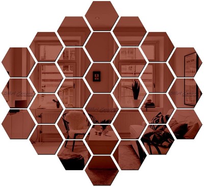 Bikri Kendra 12 cm Acrylic Hexagon 30 Brown 3D Mirror Wall Stickers Self Adhesive Sticker(Pack of 30)