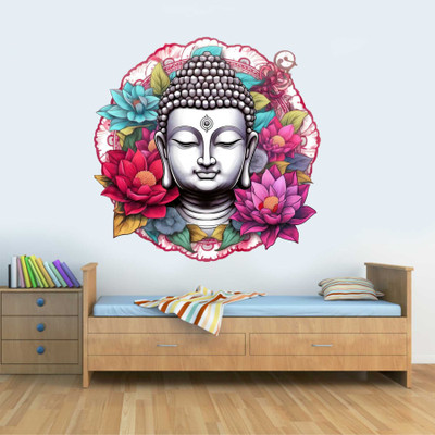 MEHMETDECOR 58 cm Gautam Buddha with flower Wall Stickers & Murals Size - 58x58cm Self Adhesive Sticker(Pack of 1)