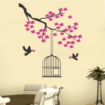 walkart 80 pink flower with black branch and nest Removable Sticker(Pack of 1)