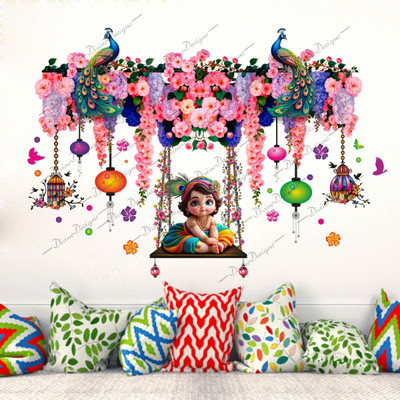 DivineDesigns 61 cm Shree Krishna Flowers Cages Sticker Self Adhesive Sticker(Pack of 1)