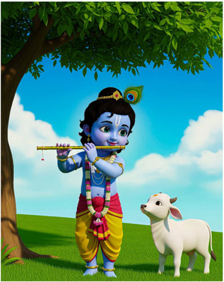 Archi Graphics Studio 52 cm Cute Baby Krishna Playing Flute with Calf Under Tree Wall Sticker Self Adhesive Sticker(Pack of 1)
