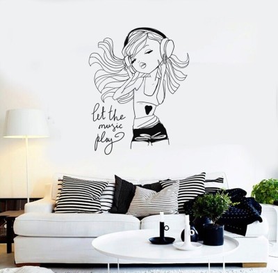 SnappyVinyl 27 cm Girl Music Let the Music Play Headphones Fashion Wall Sticker PVC Vinyl Self Adhesive Sticker(Pack of 1)