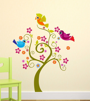 MIIKOR 145 cm Tree & Birds | Non-Reusable Stickers Self Adhesive Sticker(Pack of 1)