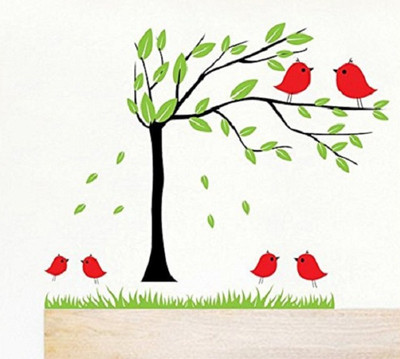 Asmi Collections 100 cm Beautiful Tree and Birds Self Adhesive Sticker(Pack of 1)