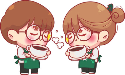 Epithet Studio 62 cm Cute Cartoon Couple Drinking Coffee Wall Sticker For Dining hall and restaurant Self Adhesive Sticker(Pack of 1)