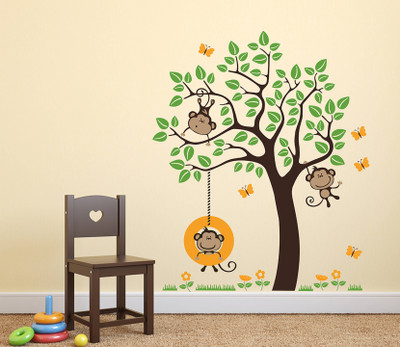 Remer 69 cm Tree with Monkeys wallsticker Self Adhesive Sticker(Pack of 2)
