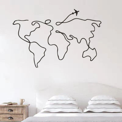 SnappyVinyl 30 cm Simple Line Travel World Map Wall Self Adhesive Sticker(Pack of 1)