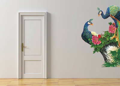 parth decor 88 cm peacock on flower branch 1wall sticker Self Adhesive Sticker(Pack of 1)