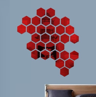 HAPPINY 12 cm 30 Hexagon (10.5 x 12.1 cm) Red, 3D Acrylic Mirror Stickers for Wall Self Adhesive Sticker(Pack of 1)