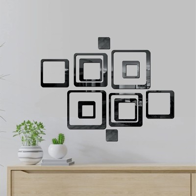 HAPPINY 14 cm 12 Square Black, 3D Acrylic Six Size Square Mirror Stickers for Wall Self Adhesive Sticker(Pack of 1)