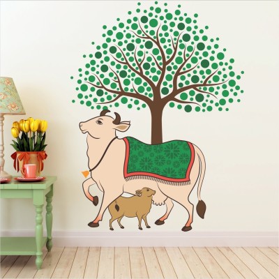 INKEDIFY 80 cm Kamdhenu Holy Cow And Calf Hindu Religion Tree Wall Sticker Self Adhesive Sticker(Pack of 1)