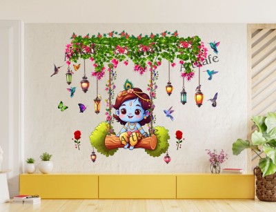 DivineDesigns 31 cm Krishna Ji Leaves, Flowers & Butterflies Wall Sticker Self Adhesive Sticker(Pack of 1)