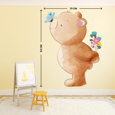 Littlebuds 70 cm Cute Teddy Playing WIth Butterfly-Wall Decorative-Removeble Self Adhesive Sticker(Pack of 1)