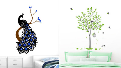 Decal O Decal 1 cm Beautiful Peacock on Tree::Green Tree With Birds Cage And Nest Self Adhesive Sticker(Pack of 1)
