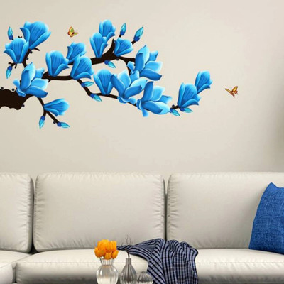 crystalsign 110 cm Floral Branch with Artistic Flowers in Blue Home Decoration_S Self Adhesive Sticker(Pack of 1)