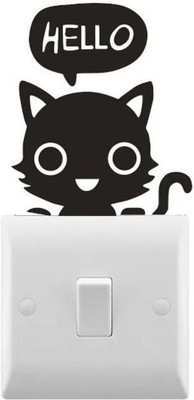 SnappyVinyl 10 cm Cat Saying Hello Small light switch Self Adhesive Sticker(Pack of 1)