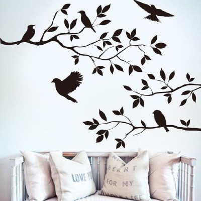 stylishdecor 60 cm Black Tree Branch Decal 5 Birds Wall Art Sticker Self Adhesive Sticker(Pack of 1)