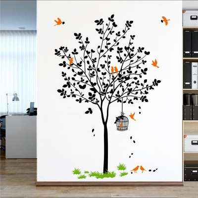 INKEDIFY 120 cm Wall Decals Sticker ' Black Tree with Birds Cage and Nest' Self Adhesive Sticker(Pack of 1)