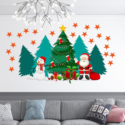 Riditcreation 58 cm Christmas theme with Santa and tree Self Adhesive Sticker(Pack of 1)
