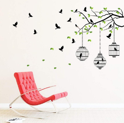 InkHex 130 cm Wall Decal Tree Branches with Leaves Birds and Cages Wall Sticker Self Adhesive Sticker(Pack of 1)