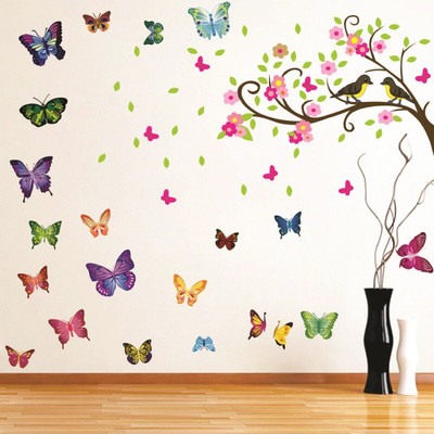 Decor Villa 91 cm BUTTERFLY TREE BIRDS Wall Sticker Reusable Sticker(Pack of 1)