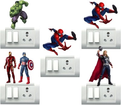 Design Decor 10.16 cm Super Hero Switch Board Sticker Spider Man Iron Man Self Adhesive Sticker(Pack of 6)