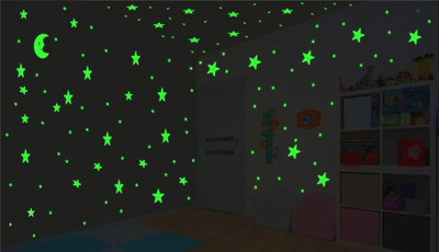DreamKraft 24 cm Glow in the Dark Sticker - Half Smiley Moon with Smiley Stars Self Adhesive Sticker(Pack of 1)