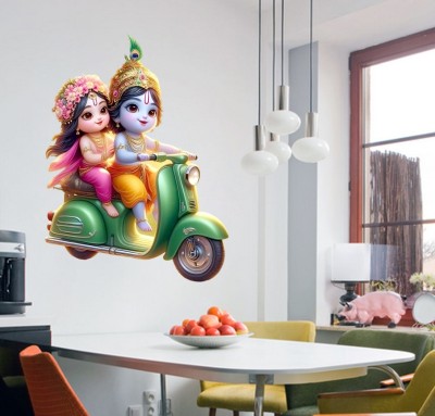 Krishna Sticker 60 cm Lord Krishna and Radha are roaming on scooter Wall Sticker For Kids Room Self Adhesive Sticker(Pack of 1)