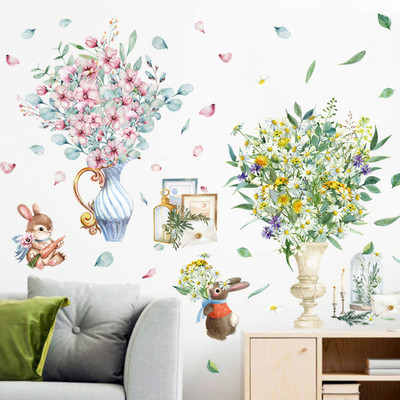 SmartWindow 60 cm Small Flower Vase With Rabbit Kids Room Décor Wall Sticker (60CM x 90CM) Self Adhesive Sticker(Pack of 1)