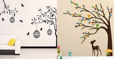 EJAart 45 cm Trendy Wall Stickers- free bird case Black & brown tree cute animals Self Adhesive Sticker(Pack of 2)