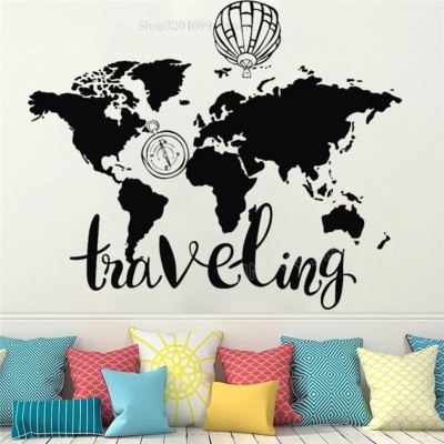 SnappyVinyl 46 cm World Map Wall Stickers Vinyl Compass Hot Air Balloon Traveling Self Adhesive Sticker(Pack of 1)