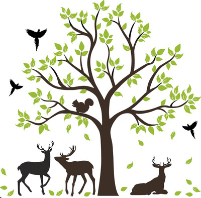 S3DESIGN 76 cm deer faimly with big tree Self Adhesive Sticker(Pack of 1)