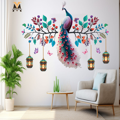 YMGRAPHICS 75 cm Colourful Peacock Wall Art Decal with Hanging Lanterns Decorative Wall Sticker Self Adhesive Sticker(Pack of 1)