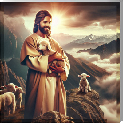 surmul 8 inch Jesus Christ With Sheep Wall Sunboard Poster For Home, House 8x8 Inches Self Adhesive Sticker(Pack of 1)
