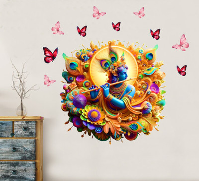 Archi Graphics Studio 50 cm lord krishna artistic 3d effect vinyl wall sticker with butterflies Self Adhesive Sticker(Pack of 1)