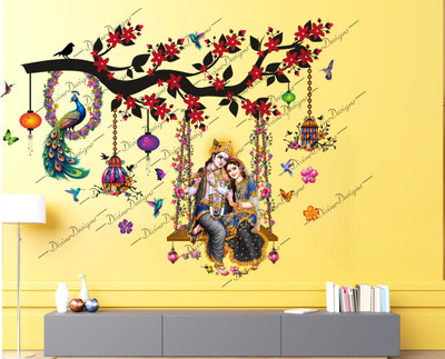 DivineDesigns 61 cm Shree Radha Krishna Cages Peacock Sticker Self Adhesive Sticker(Pack of 1)