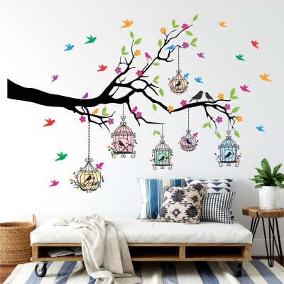Divine studio 127 cm Tree And Flowers Birds Cage|Self Adhesive|Wall Stickers| (127Cm X 84 Cm ) Self Adhesive Sticker(Pack of 2)