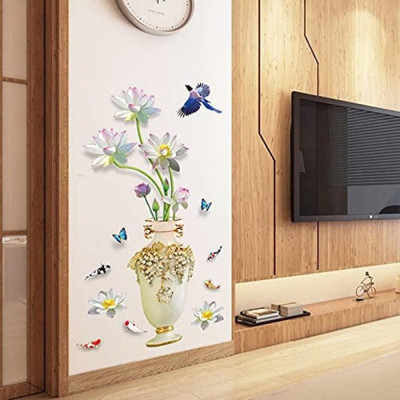 JAAMSO ROYALS 110 cm Lotus 3D Vase Self Adhesive Decorative Wallsticker ( 60 CM X 90 CM ) Self Adhesive Sticker(Pack of 1)