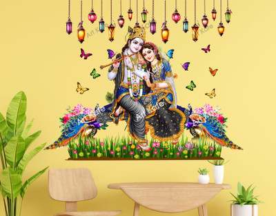 DivineDesigns 72 cm Radha Krishna Butterfly Peacock Wall Sticker Self Adhesive Sticker(Pack of 1)