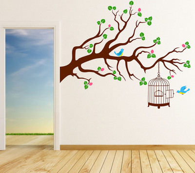 Wallme 110 cm Tree With Bird Cage | Non-Reusable Stickers Self Adhesive Sticker(Pack of 1)