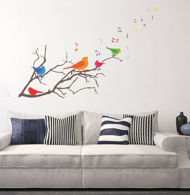 walkart 1 cm colourful birds singing on a tree Removable Sticker(Pack of 1)