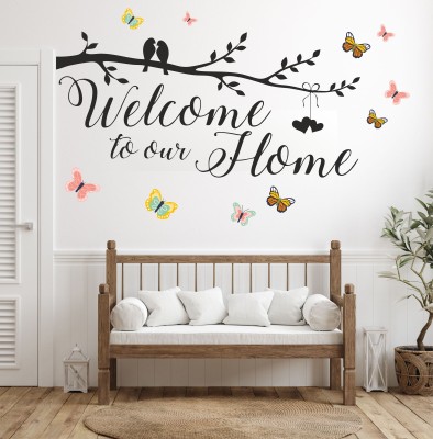 STICKERAURA 60 cm Welcome Home Quote with Butterflys Wall Sticker For Door And walls Self Adhesive Sticker(Pack of 1)