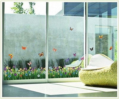 SmartWindow 50 cm Butterfly & Flower with Green Grass Design Wallsticker (50CM x 70CM) Self Adhesive Sticker(Pack of 1)