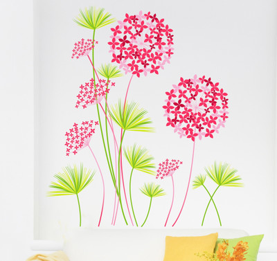 Happy Walls 70 cm Springflowers of pink and green Self Adhesive Sticker(Pack of 1)