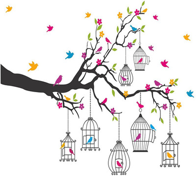 wildartcreation 50 cm latest Branches with Flowers and Birds Cages' Wall Sticker ( 50 cm x 70 cm), Self Adhesive Sticker(Pack of 1)