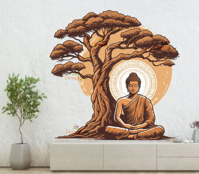 Design Decor 60 cm Buddha Wall Sticker with Bodhi Tree Waterproof Decal Meditation Yoga Room Self Adhesive Sticker(Pack of 1)