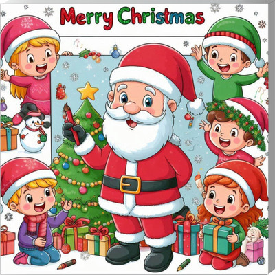 surmul 8 inch Santa with Children and Their Toys Wall Sunboard Poster For Home, House Self Adhesive Sticker(Pack of 1)