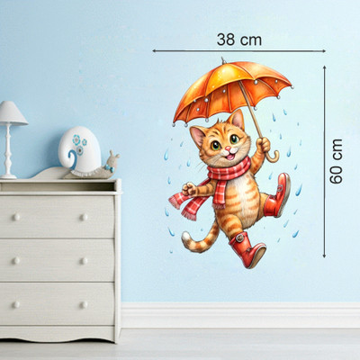 Approach Decor 60 cm Cat With Umbrella Animals Self Adhesive Sticker(Pack of 1)