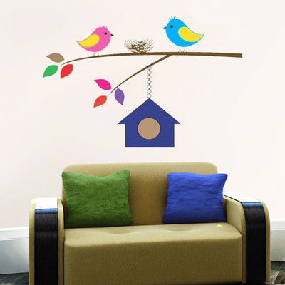 walkart 2.54 cm colourful birds in the branch with nest Removable Sticker(Pack of 1)